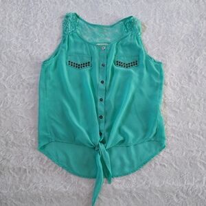 New Pearl Stud & Lace Tie Front Top